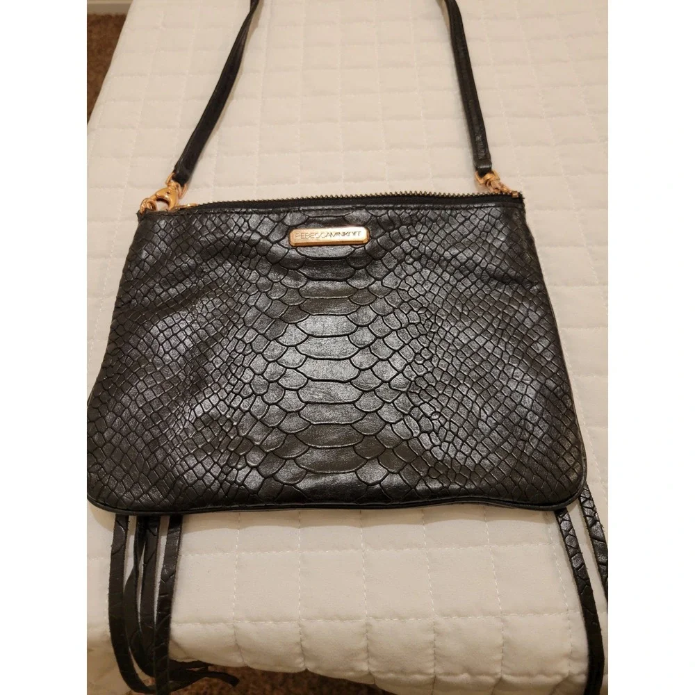 Rebecca Minkoff 3-Zipper Black Snake Embossed Crossbody Leather Bag Moto Goth